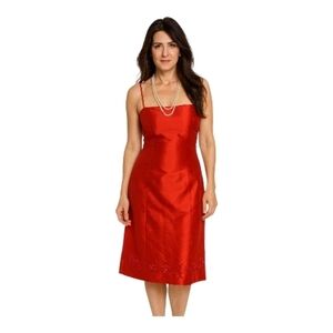 Vintage Red Silk Slip Dress 100% Silk Embroidered Midi Evening Minimalist Old Mo